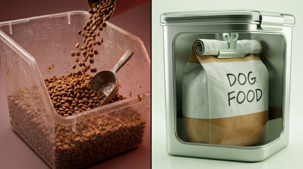 Loose kibble in a dirty bin compared with an original food bag inside a sealed container