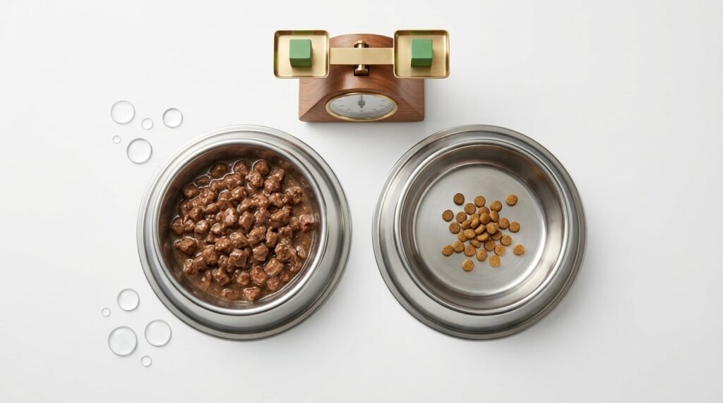 Equal-calorie portions showing the moisture and volume difference between wet and dry dog food