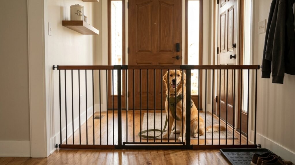 Secure baby gate and leash setup to prevent a dog from bolting out the door
