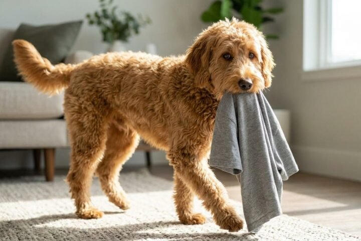 Dog holding its owner's shirt while looking toward the owner