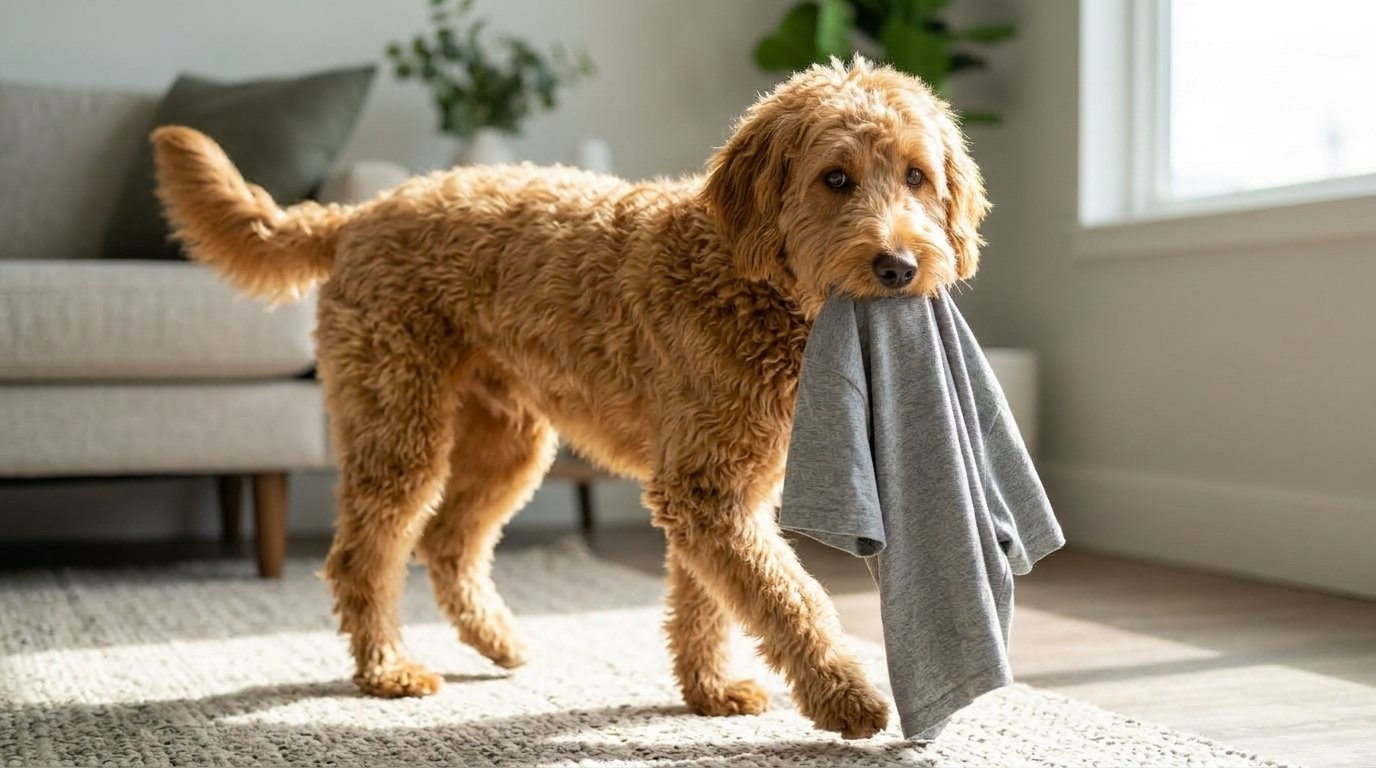 Dog holding its owner's shirt while looking toward the owner