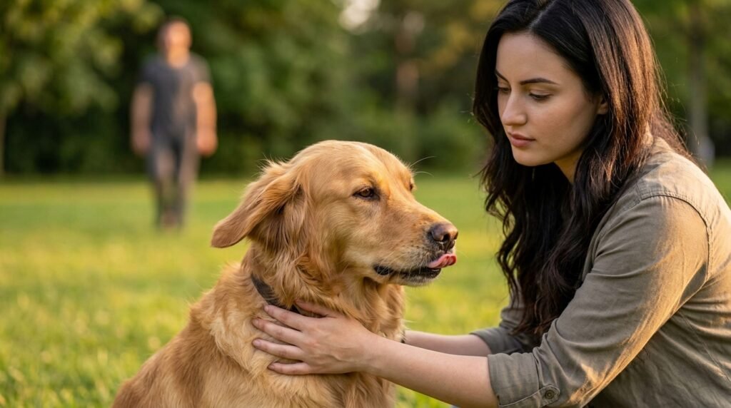 Owner observing subtle stress signals in an adult dog