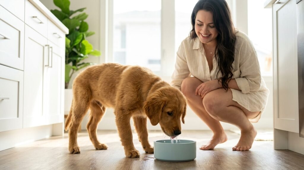Dog drinking fresh water as part of healthy daily care