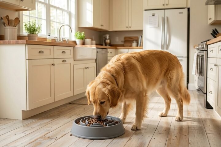 Dog eating too fast slows down with an appropriately sized slow-feeder bowl.