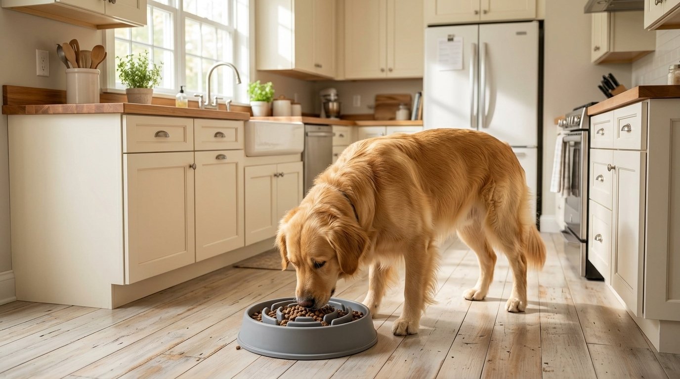 Dog eating too fast slows down with an appropriately sized slow-feeder bowl.