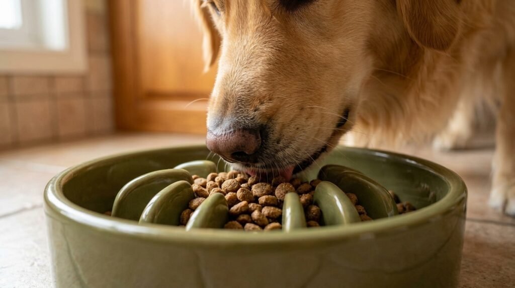 Dog comfortably eating measured kibble from a simple slow-feeder bowl.