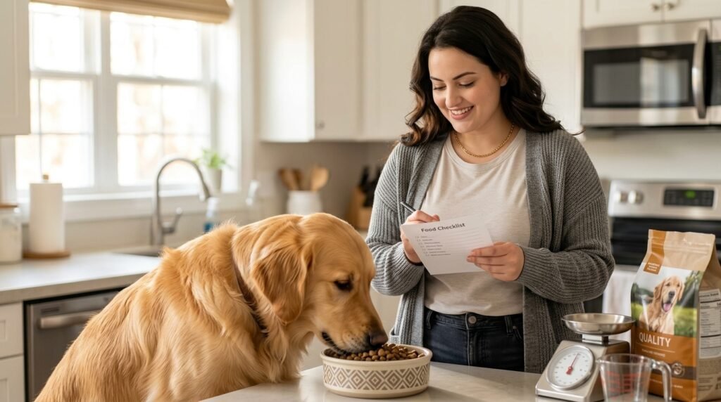 Female owner following a tailored feeding plan for her dog