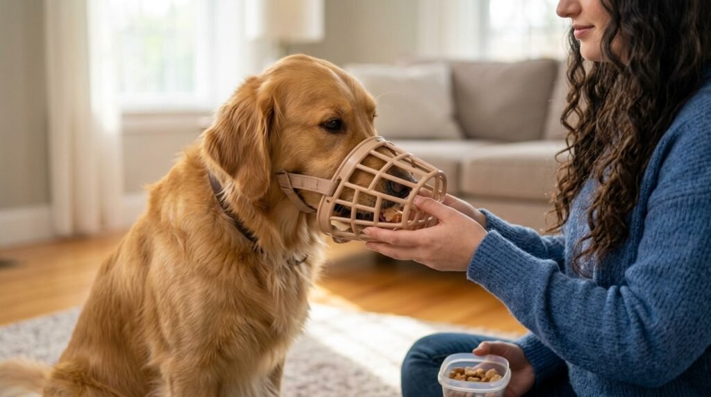 Dog voluntarily placing its nose into a basket muzzle for a treat