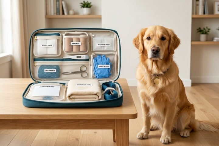Dog first aid kit with 15 organized emergency essentials beside a golden retriever.