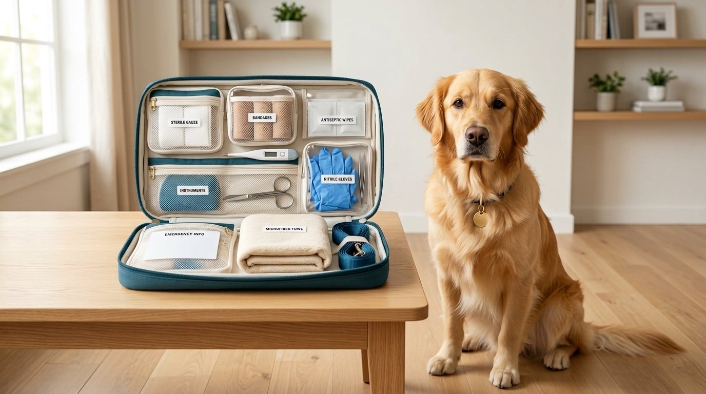 Dog first aid kit with 15 organized emergency essentials beside a golden retriever.