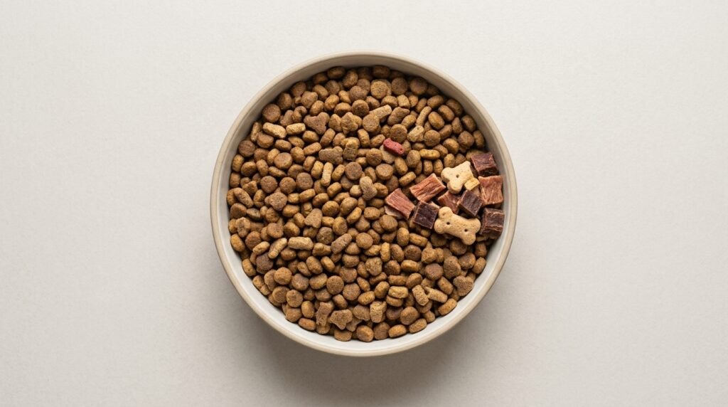 Visual comparison of complete dog food and a small daily treat allowance