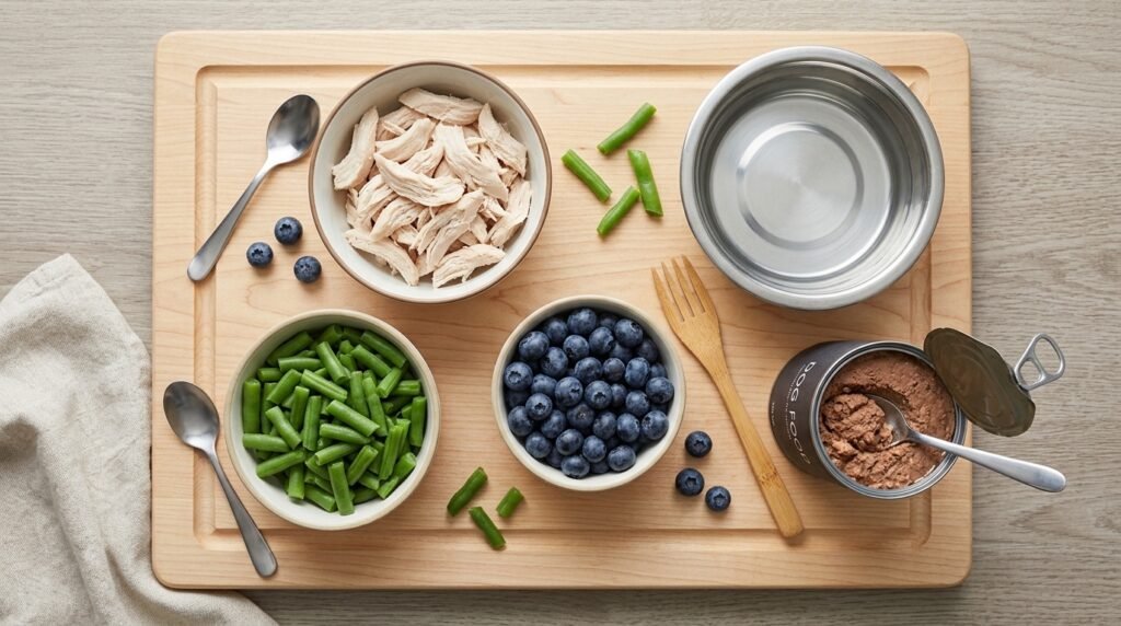 Plain cooked chicken, vegetables and canned dog food as topper options