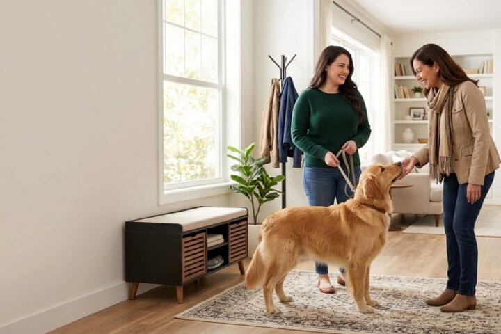 Dog jumping on guests training with a calm four-paw greeting at the front door