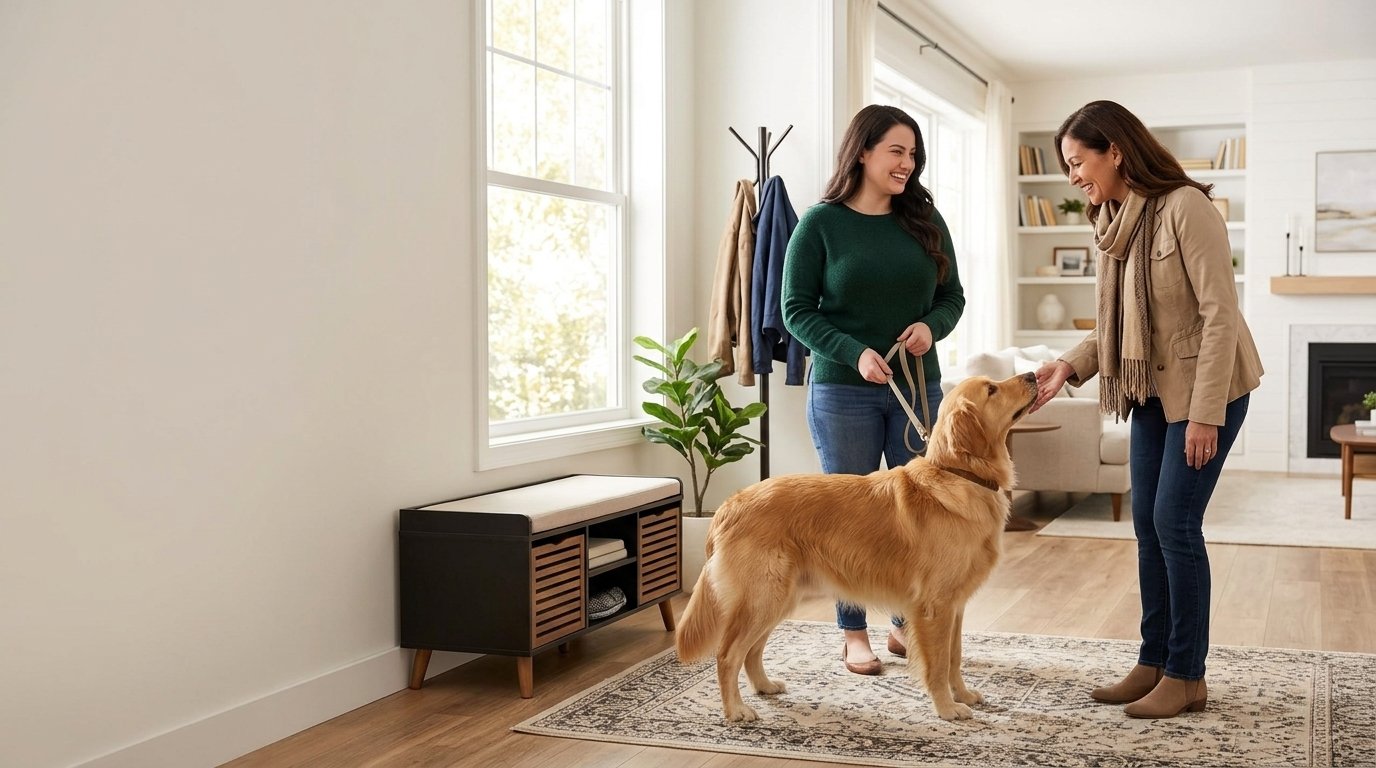 Dog jumping on guests training with a calm four-paw greeting at the front door