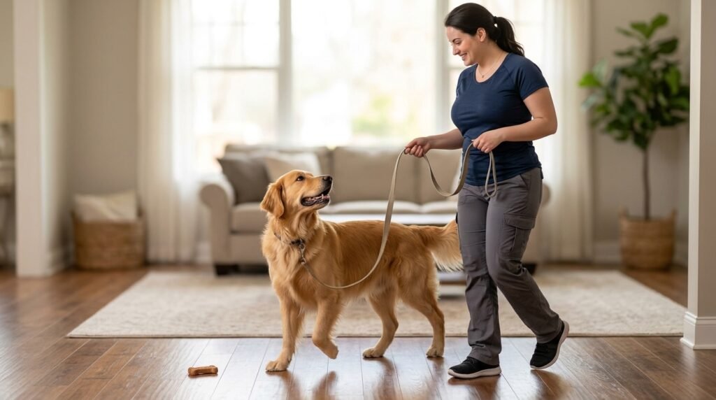 Dog practicing the leave it command while walking past food