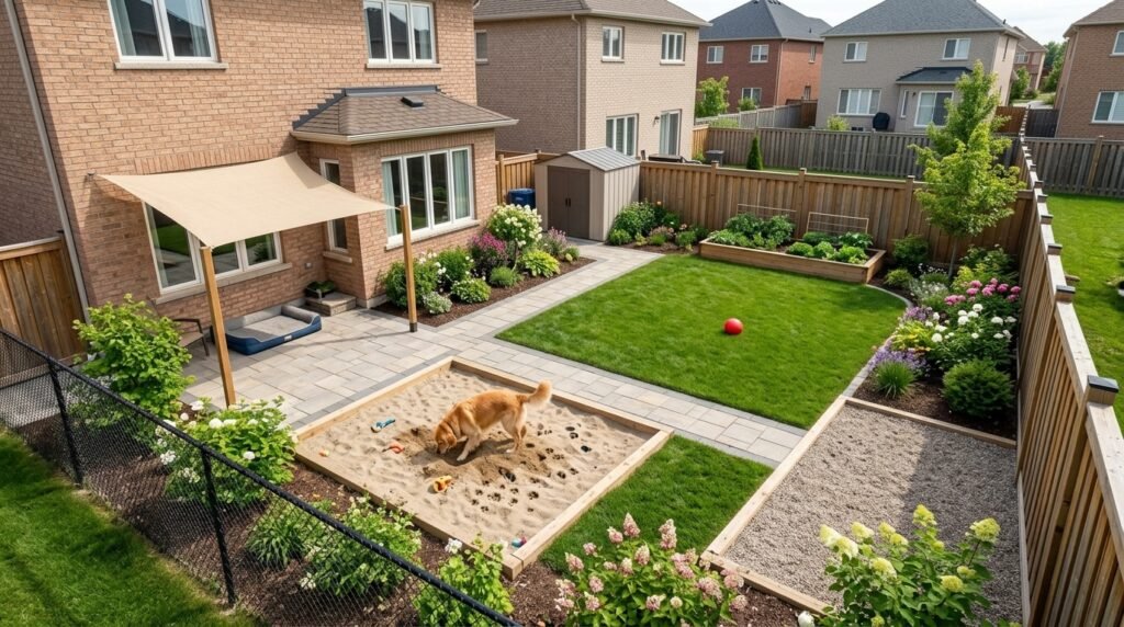 Dog-friendly backyard with separate digging, play, potty, and rest areas.