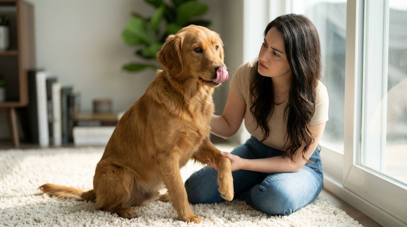 Dog licking excessively while owner watches for signs of a problem