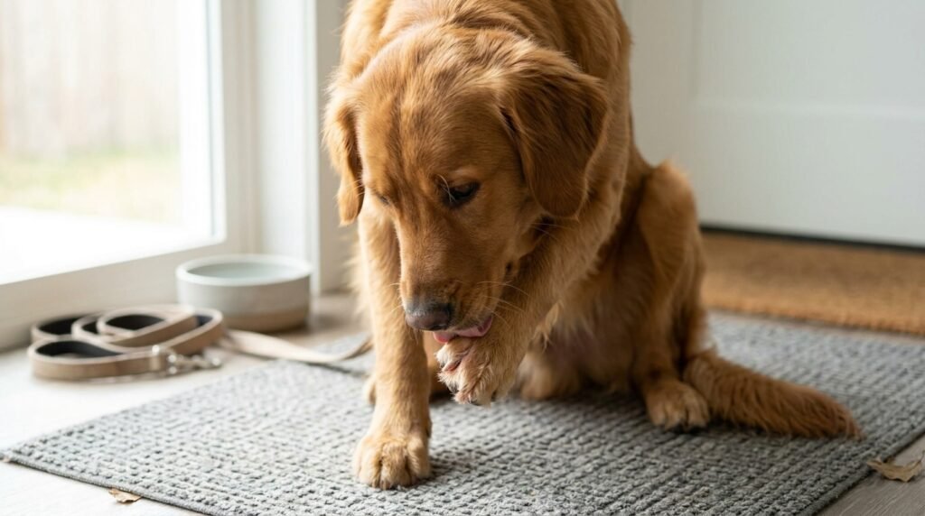 Dog licking an irritated paw from possible allergies or skin irritation