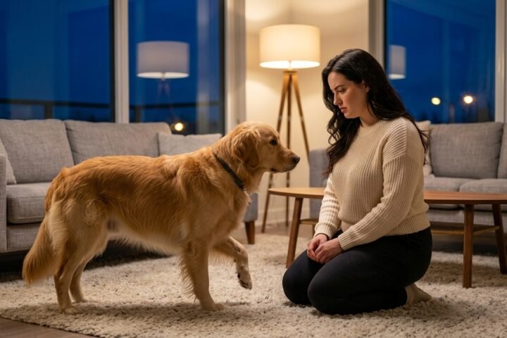 Dog limping at night while female owner observes its raised front paw