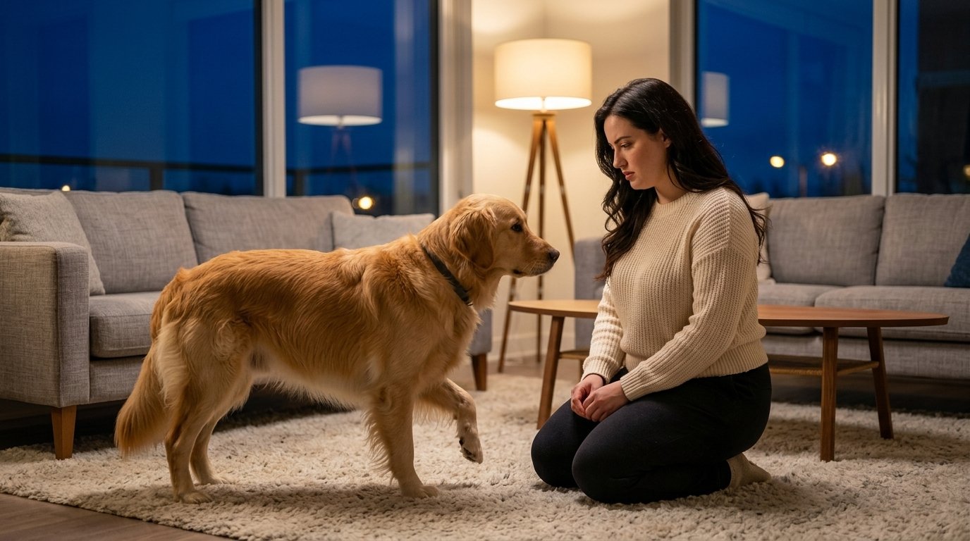 Dog limping at night while female owner observes its raised front paw