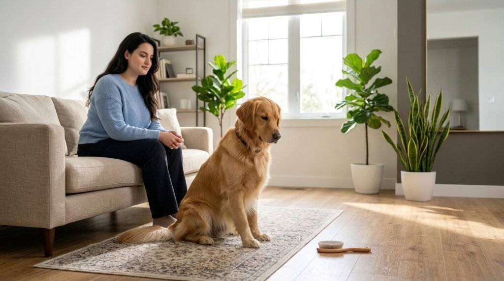 Dog looking toward a stationary grooming brush placed at a distance on the floor.