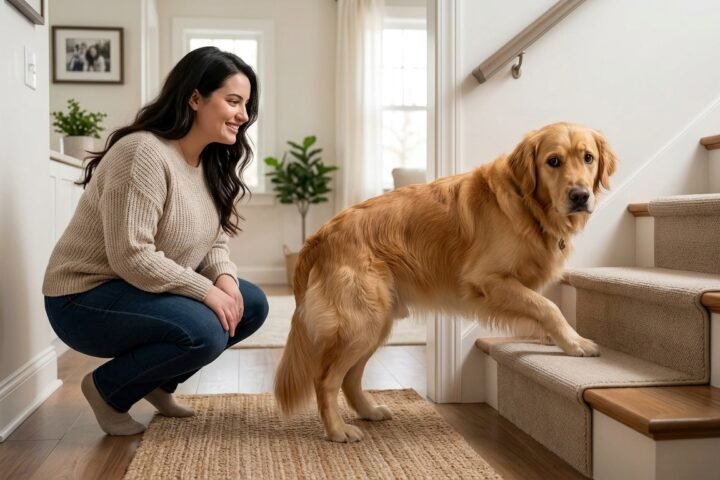 Dog afraid of stairs looking toward a safe, carpeted first step while his owner gives him space