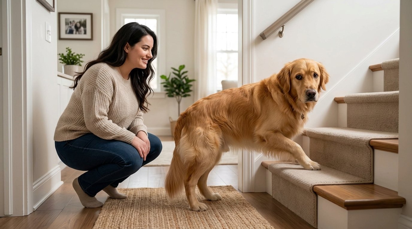 Dog afraid of stairs looking toward a safe, carpeted first step while his owner gives him space