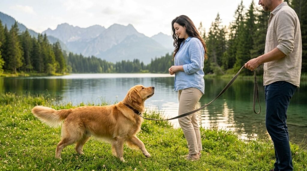 Adult dog choosing whether to approach a calm new person