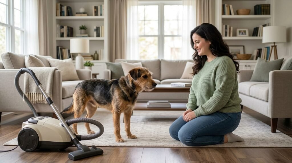 Dog showing mild stress signals while watching a vacuum from a safe distance
