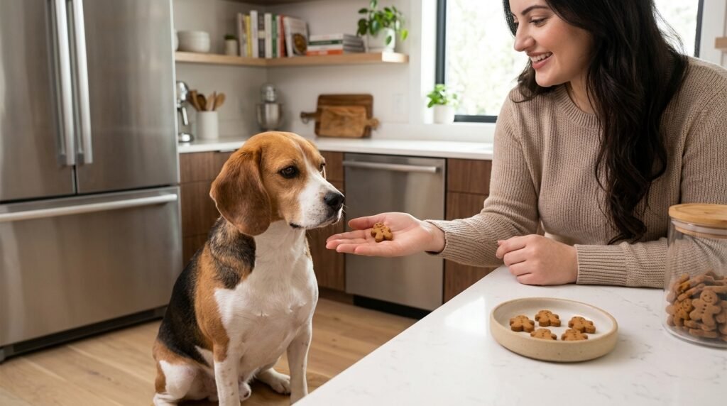 Owner giving a small dog-friendly gingerbread treat to a seated beagle as an occasional reward