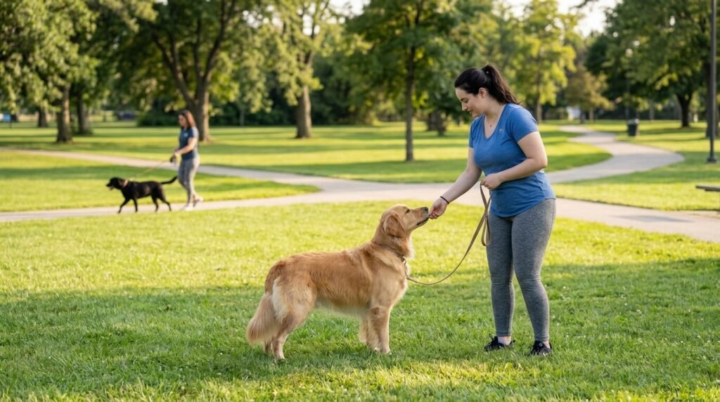 Dog observing another dog from a comfortable threshold distance