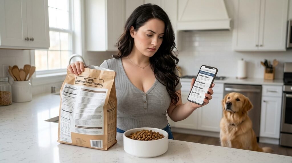 Dog owner checking kibble appearance and the package lot number before feeding