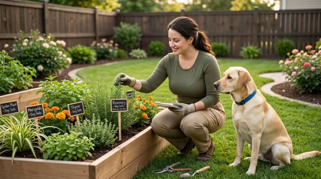 Dog owner checking safe backyard plants while her dog sits nearby.