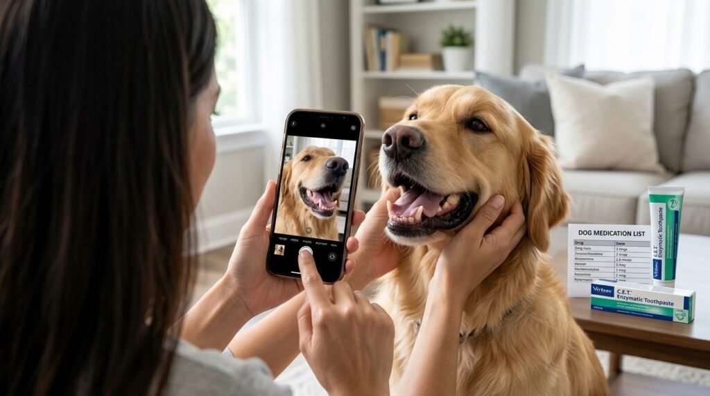 Owner documenting a dog tongue color change for the veterinarian