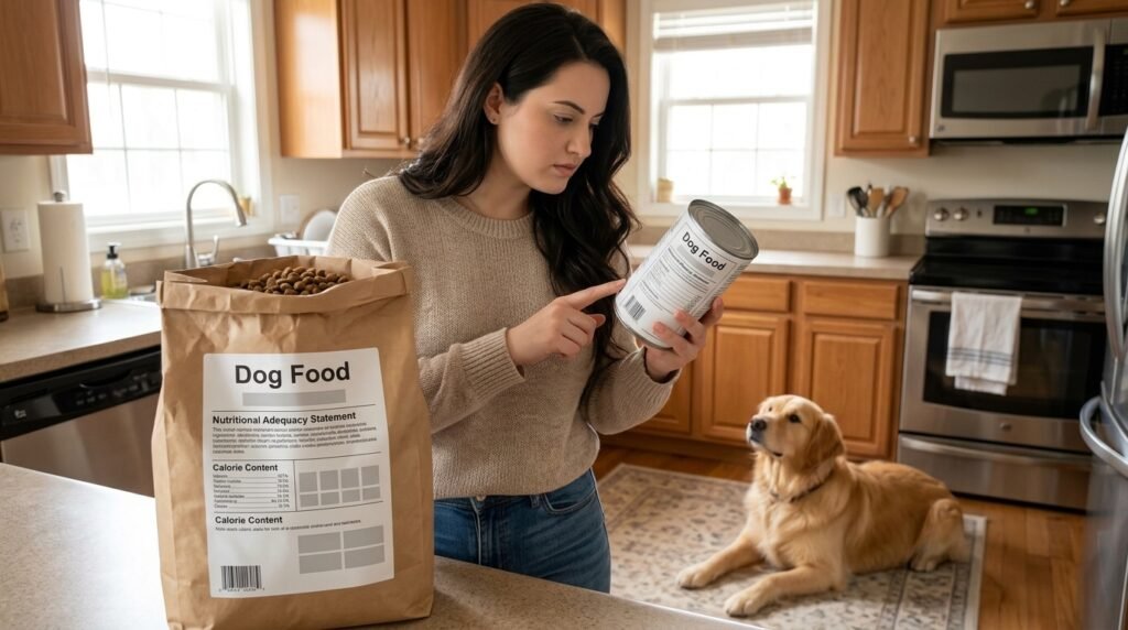 Dog owner comparing wet and dry dog food labels for nutritional adequacy and calories