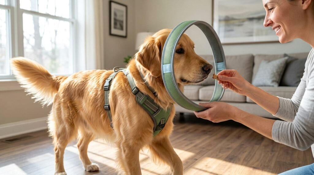 Dog voluntarily putting nose through harness opening