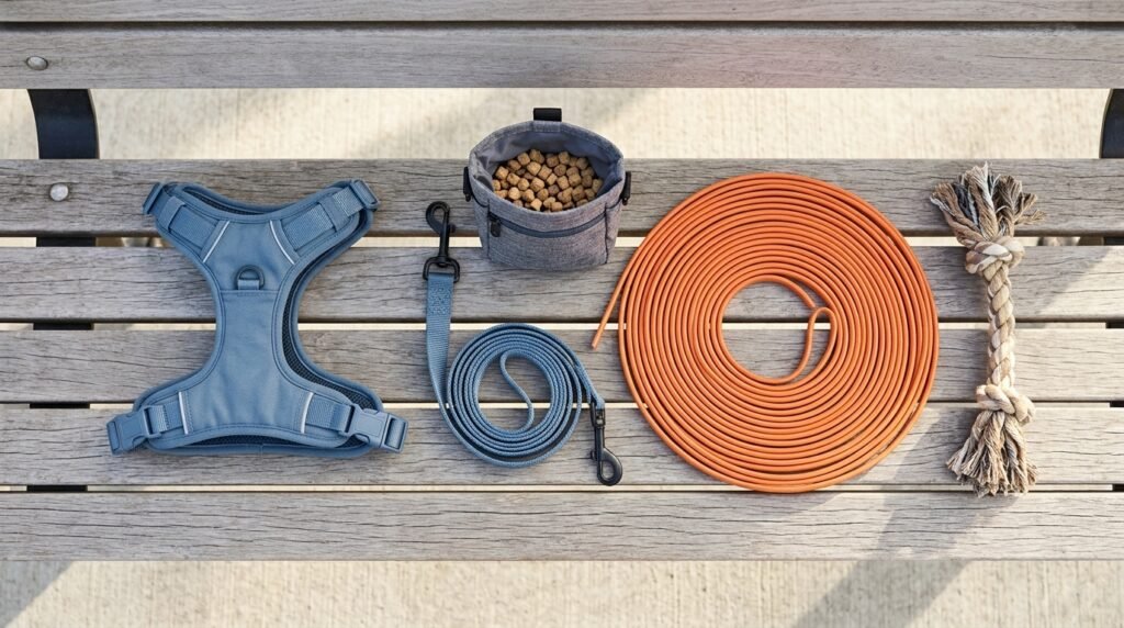 Harness, long line, treats, and toy for dog recall training