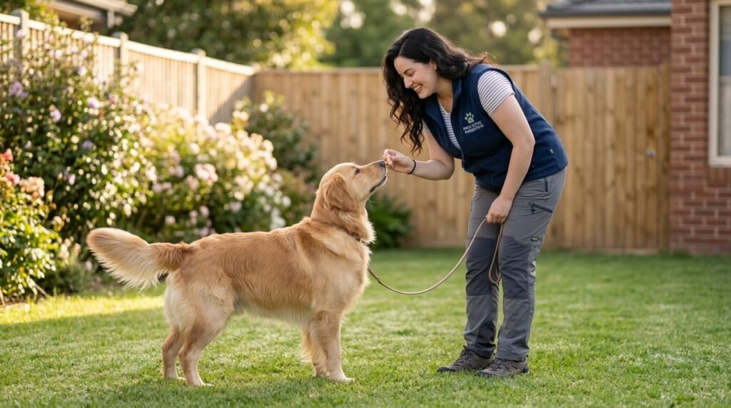 Female owner rewarding dog for successful outdoor potty behavior
