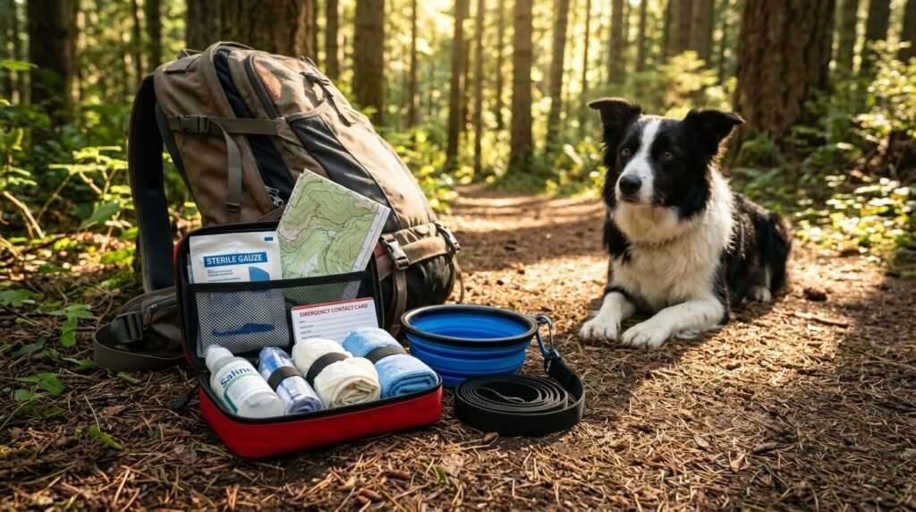 Travel first aid kit for a dog beside hiking gear and a leashed border collie.
