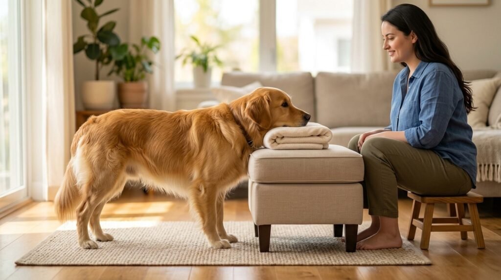 Dog resting its chin on a padded low support while an adult sits nearby with hands away.
