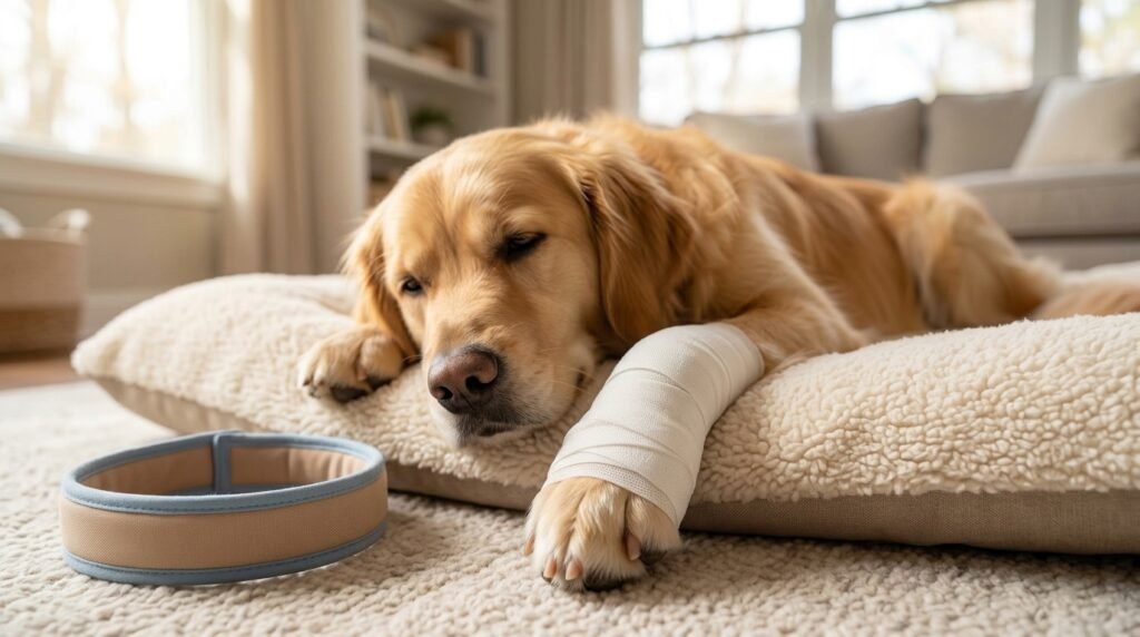 Dog resting with a clean veterinary paw bandage during recovery