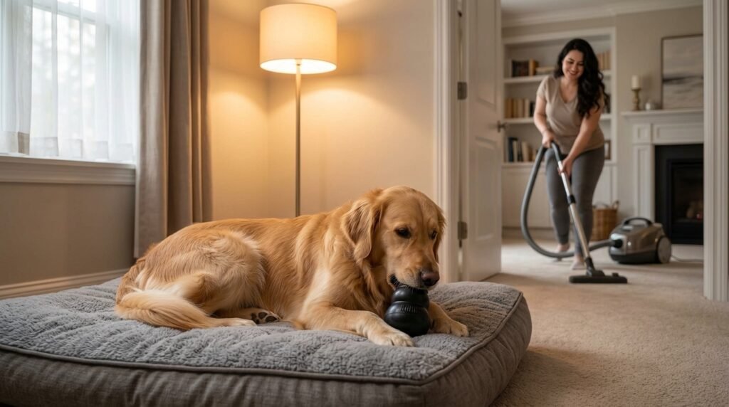 Dog relaxing in a safe resting space while the owner vacuums another room