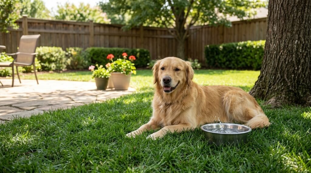 Dog resting in backyard shade beside fresh drinking water on a warm day.