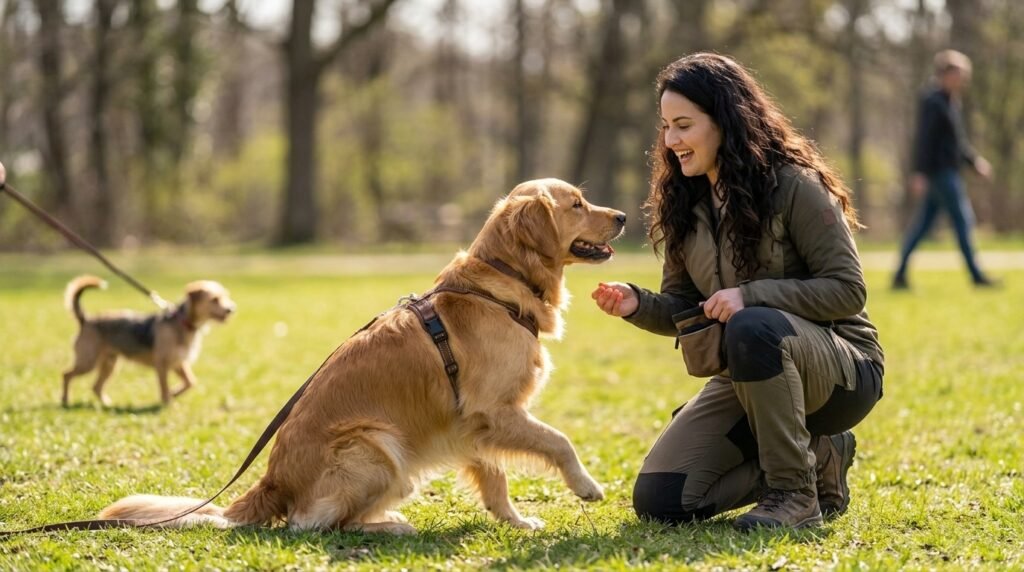 Dog learning reliable recall around controlled distractions