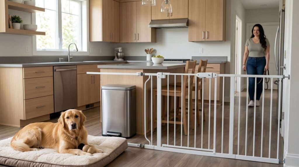 Safe kitchen setup to prevent a dog from stealing food from counters