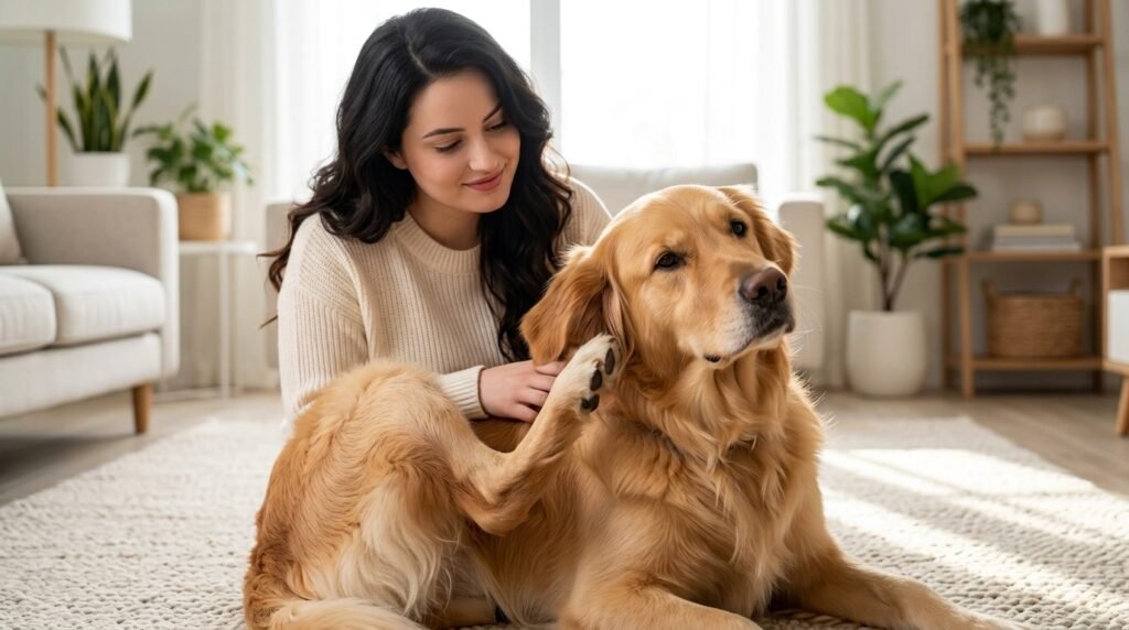 Dog with itchy ear as owner watches for possible food reaction signs