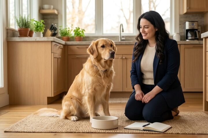 Dog food allergies versus intolerance: female owner observing dog beside food bowl