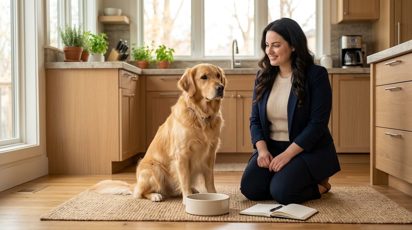 Dog food allergies versus intolerance: female owner observing dog beside food bowl