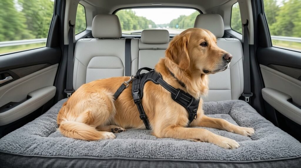Dog safely restrained in a comfortable car travel setup