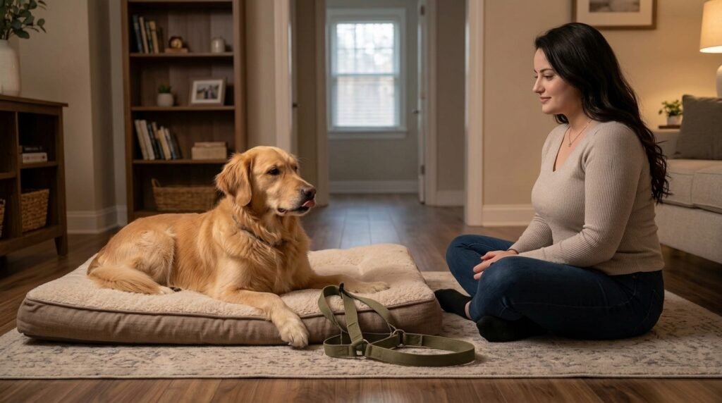 Dog showing subtle stress signals near a harness